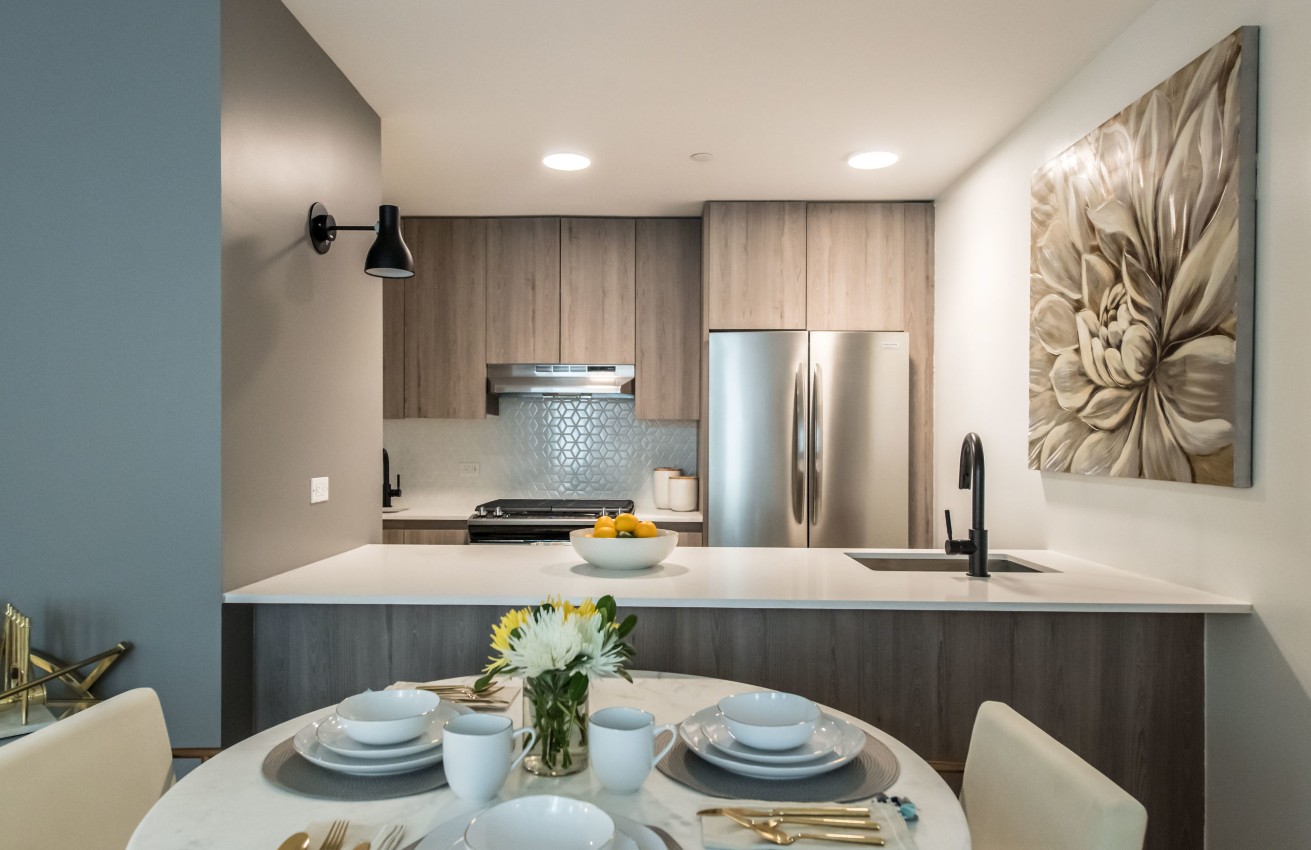 Modern kitchen with caesar stone countertops at The Vitagraph Apartments in Brooklyn